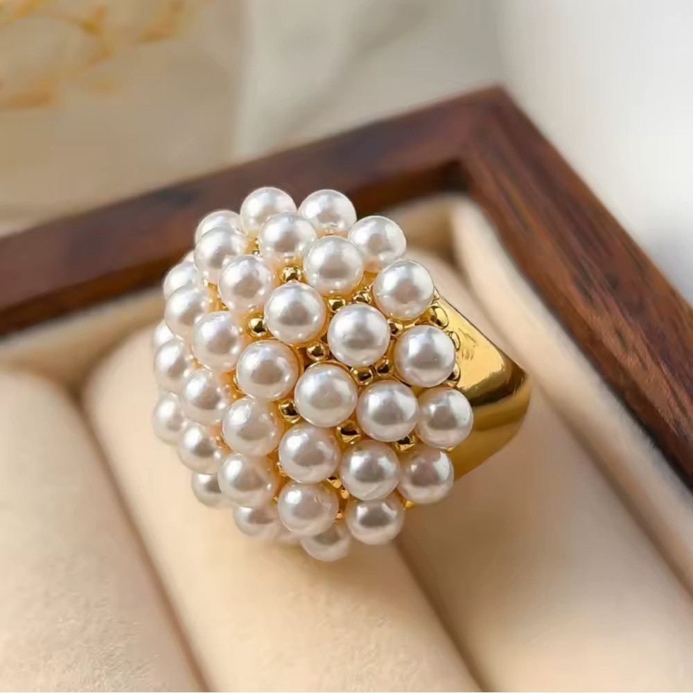 Adjustable Gold Pearl Cluster Statement Ring – Elegant Fashion Jewelry